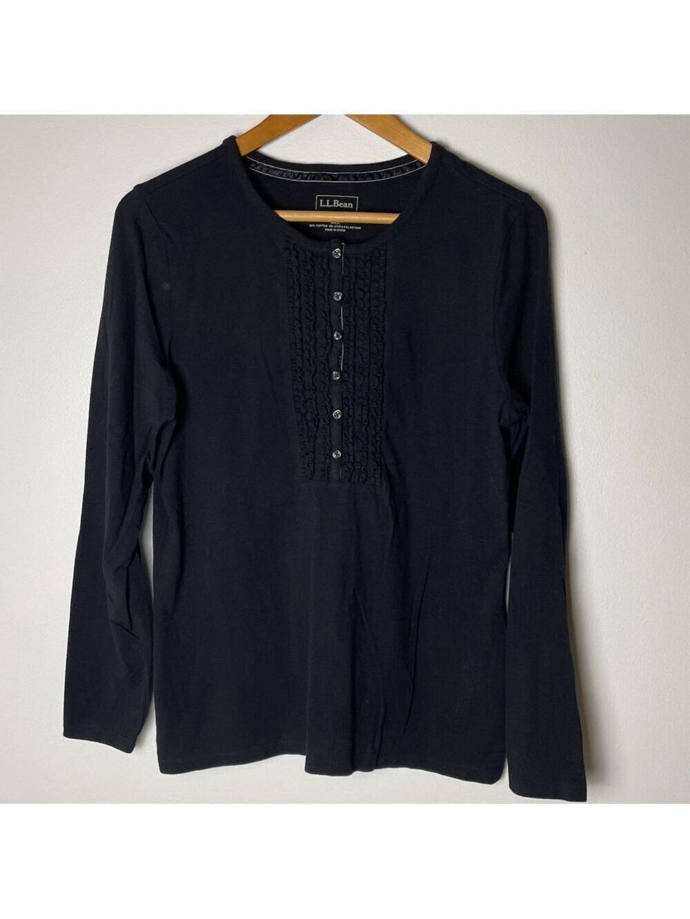 LL Bean Knit Top Womens Size Large Black Button Up Ruffle/Pleated Long Sleeve